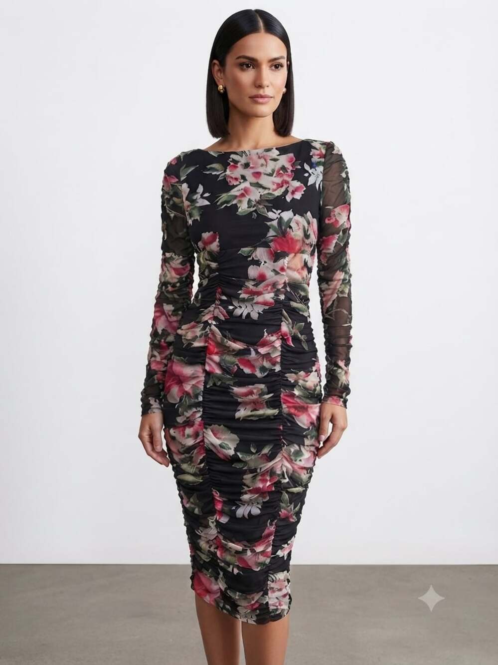 Lulus Ayana Black Pink Floral Ruched Mesh Long Sleeve Bodycon Dress